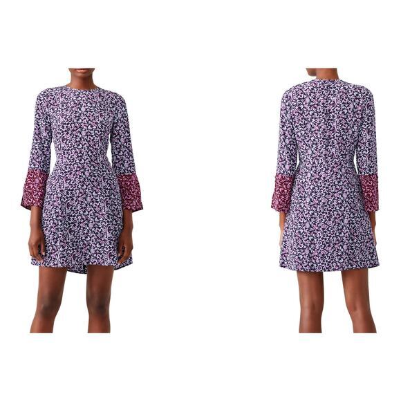 Derek Lam 10 Crosby Silk Rocco Printed Dress Sz 12 Lighweight Floral Bell Sleeve - Picture 1 of 14